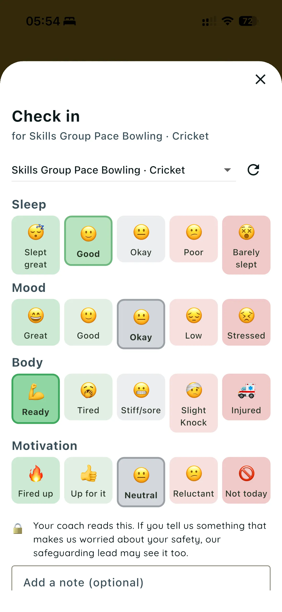 The GoFathom app check-in screen: sleep, mood, body and motivation, each picked from five options